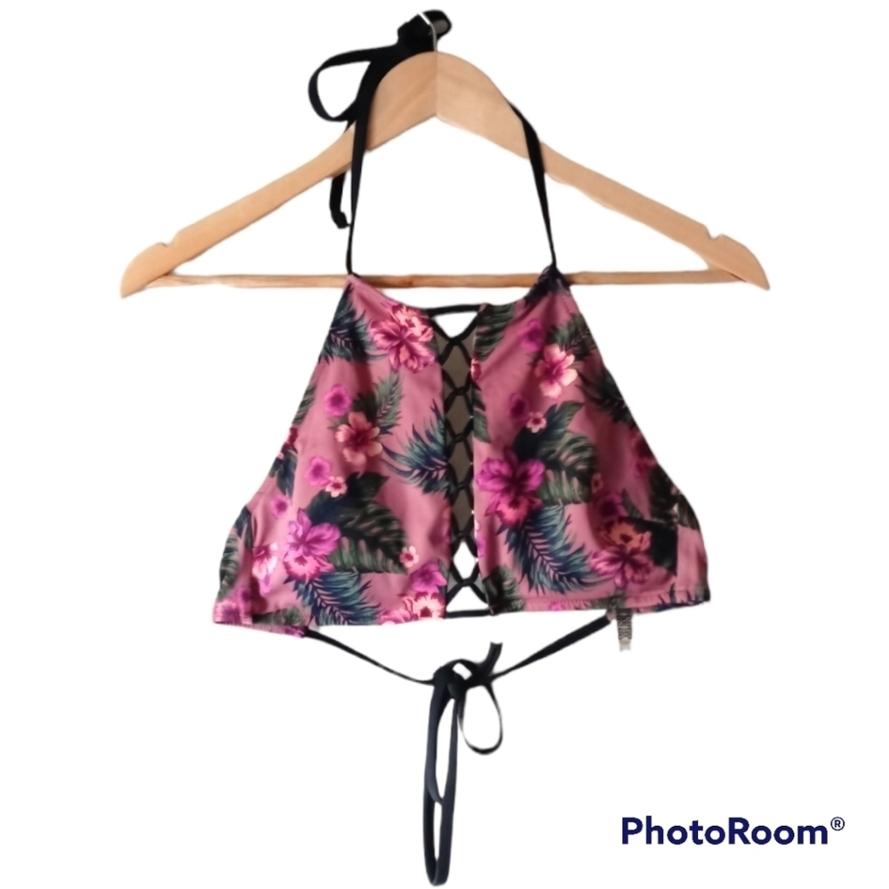 🏊 PINK Victoria's Secret Halter Floral Crossed Swim Top Size S